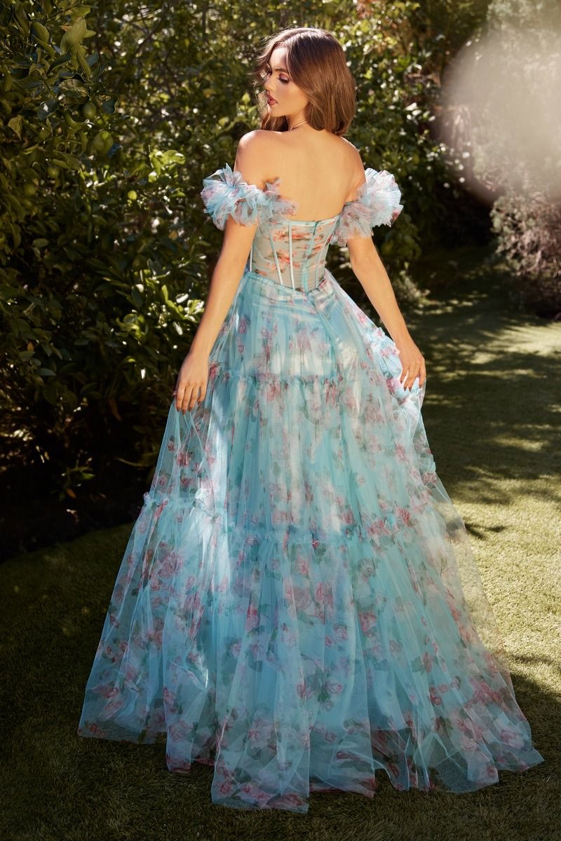 CD25-A1285 BLUE FLORAL PRINTED BALL GOWN