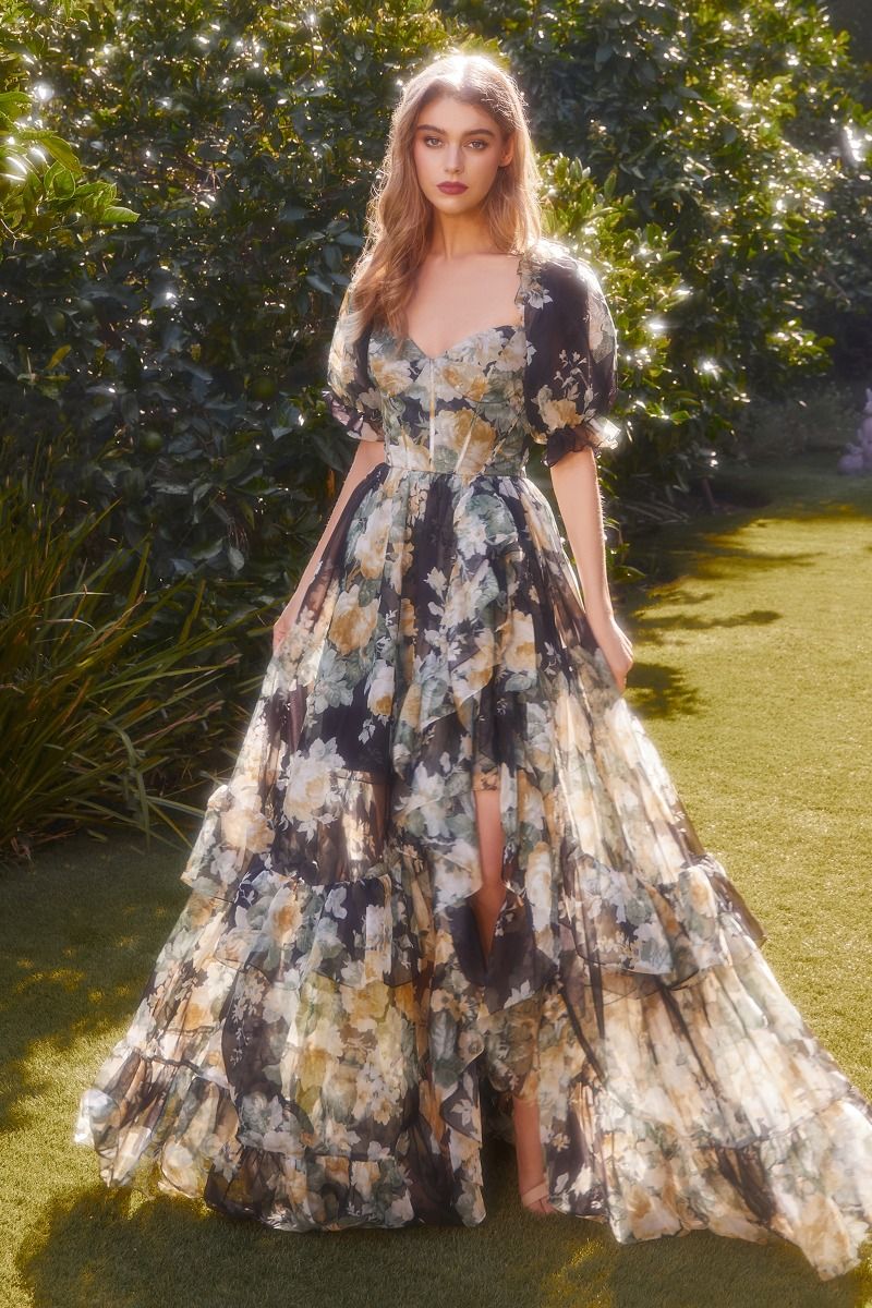 CD25-A1336 FLORAL PRINTED RUFFLE GOWN