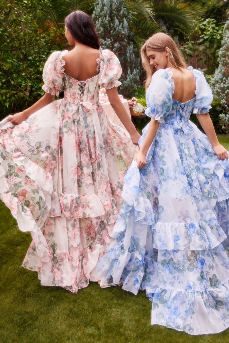 CD25-A1336 FLORAL PRINTED RUFFLE GOWN