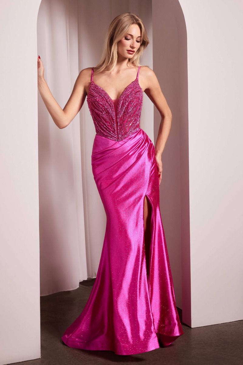 CD25-CC0238 PEARL EMBELLISHED STRETCH SATIN GLIMMERING GOWN