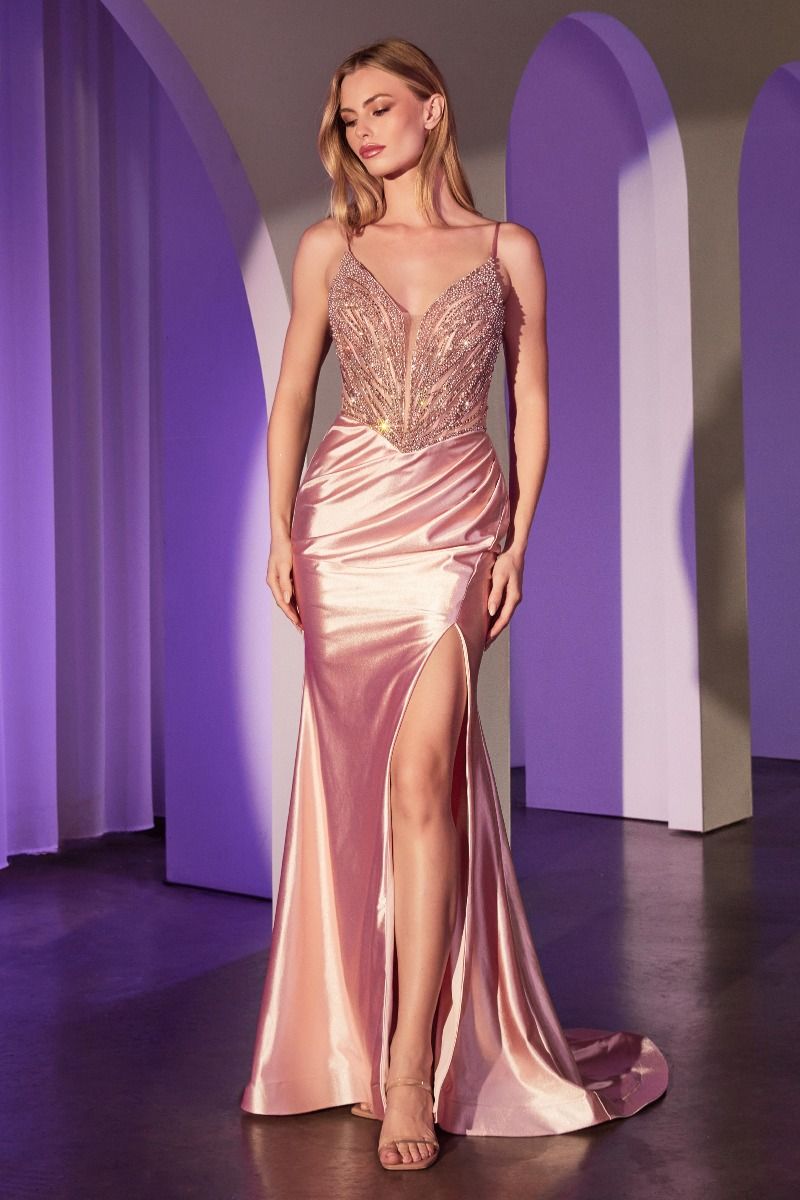 CD25-CC0238 PEARL EMBELLISHED STRETCH SATIN GLIMMERING GOWN