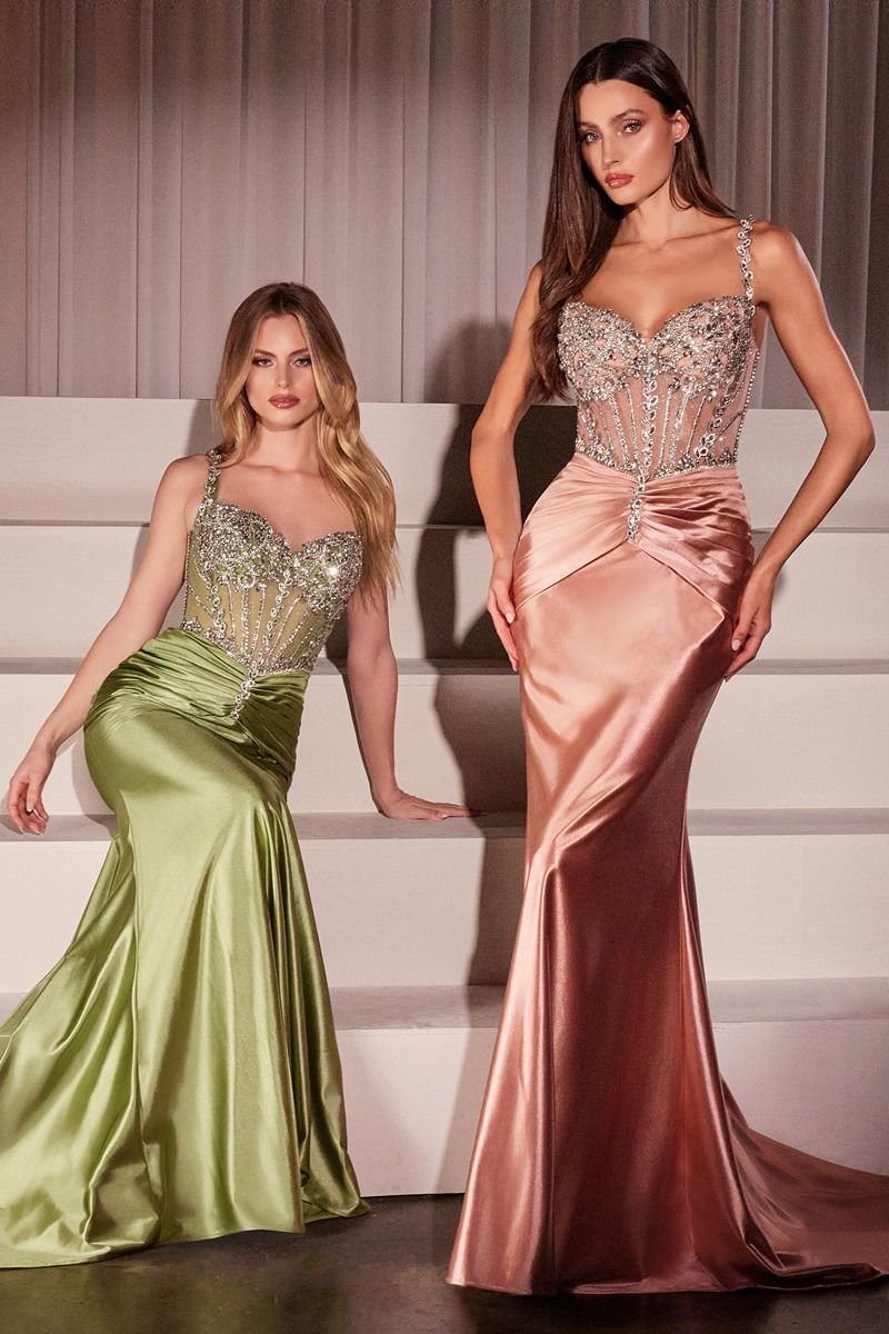 CD25-CD757 CRYSTAL EMBELLISHED FITTED SATIN DRESS