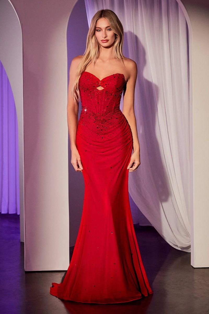CD25-CD768 FITTED STRETCH NET RHINESTONE EMBELLISHED DRESS