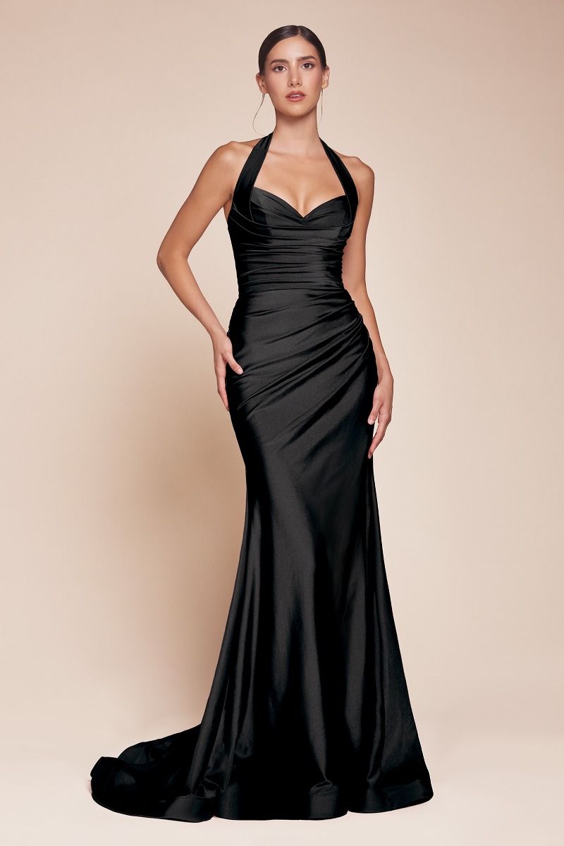 CD25-CD796 STETCH SATIN HALTER FITTED DRESS