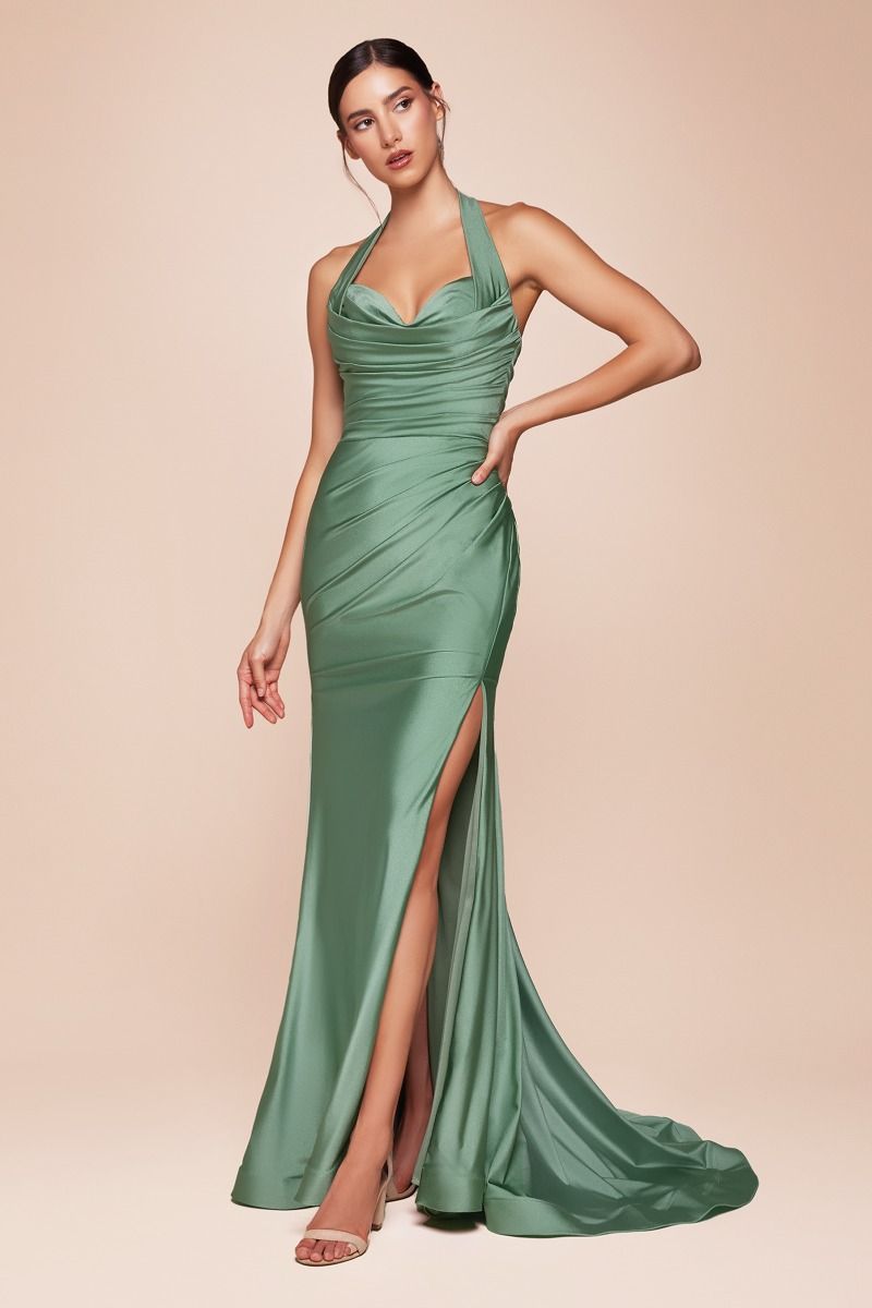 CD25-CD796 STETCH SATIN HALTER FITTED DRESS
