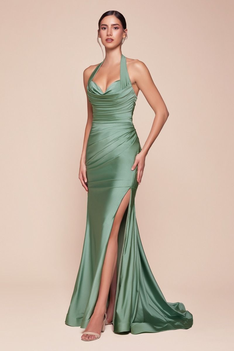 CD25-CD796 STETCH SATIN HALTER FITTED DRESS