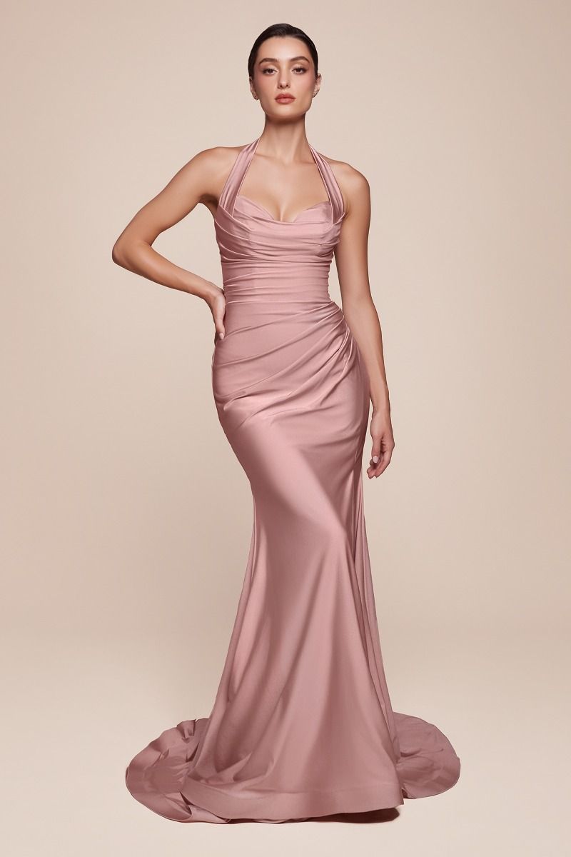 CD25-CD796 STETCH SATIN HALTER FITTED DRESS