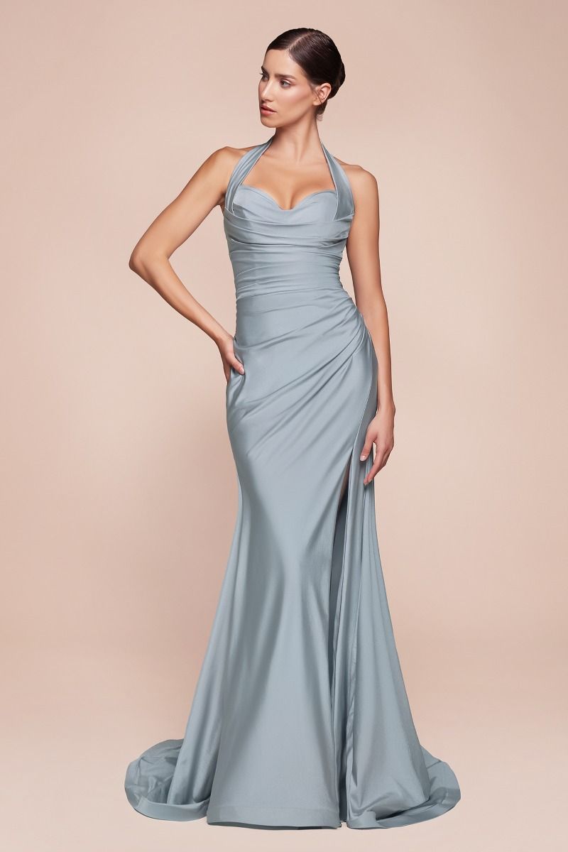 CD25-CD796 STETCH SATIN HALTER FITTED DRESS