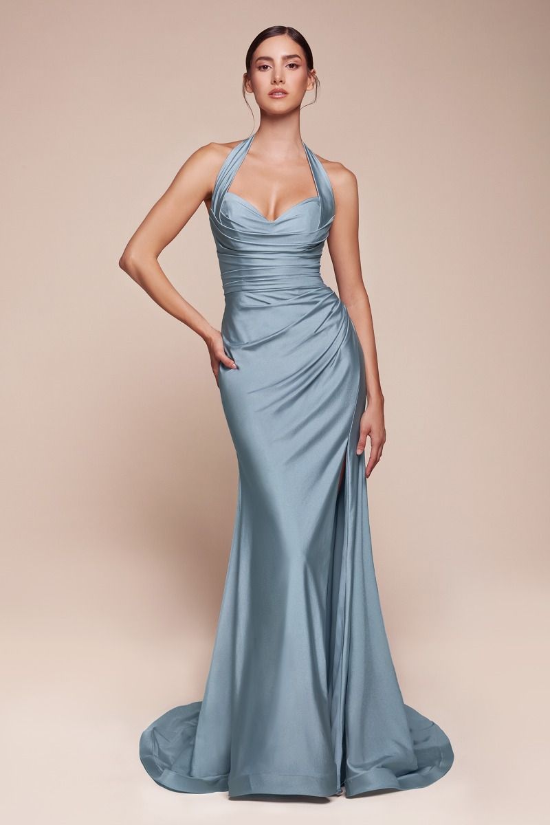 CD25-CD796 STETCH SATIN HALTER FITTED DRESS