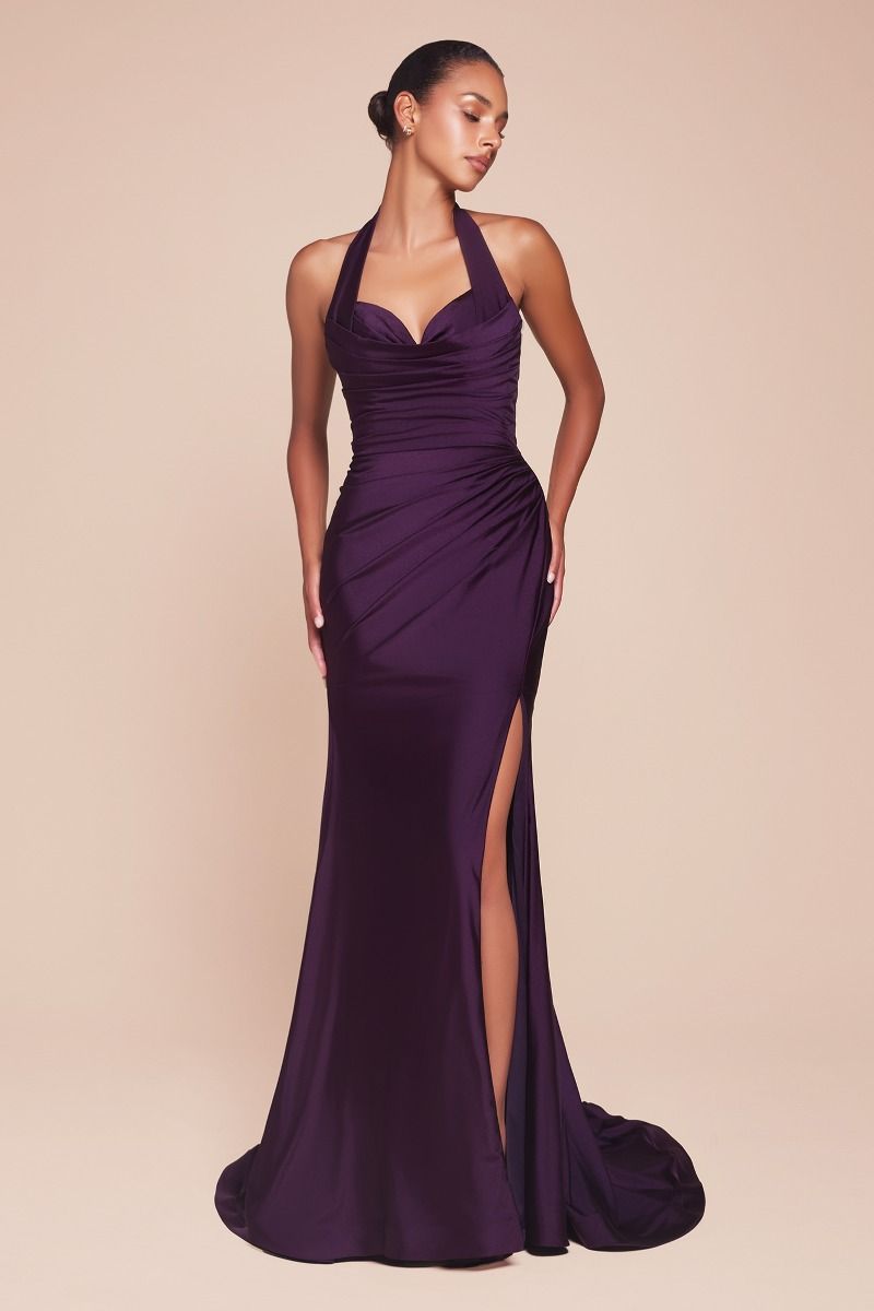 CD25-CD796 STETCH SATIN HALTER FITTED DRESS