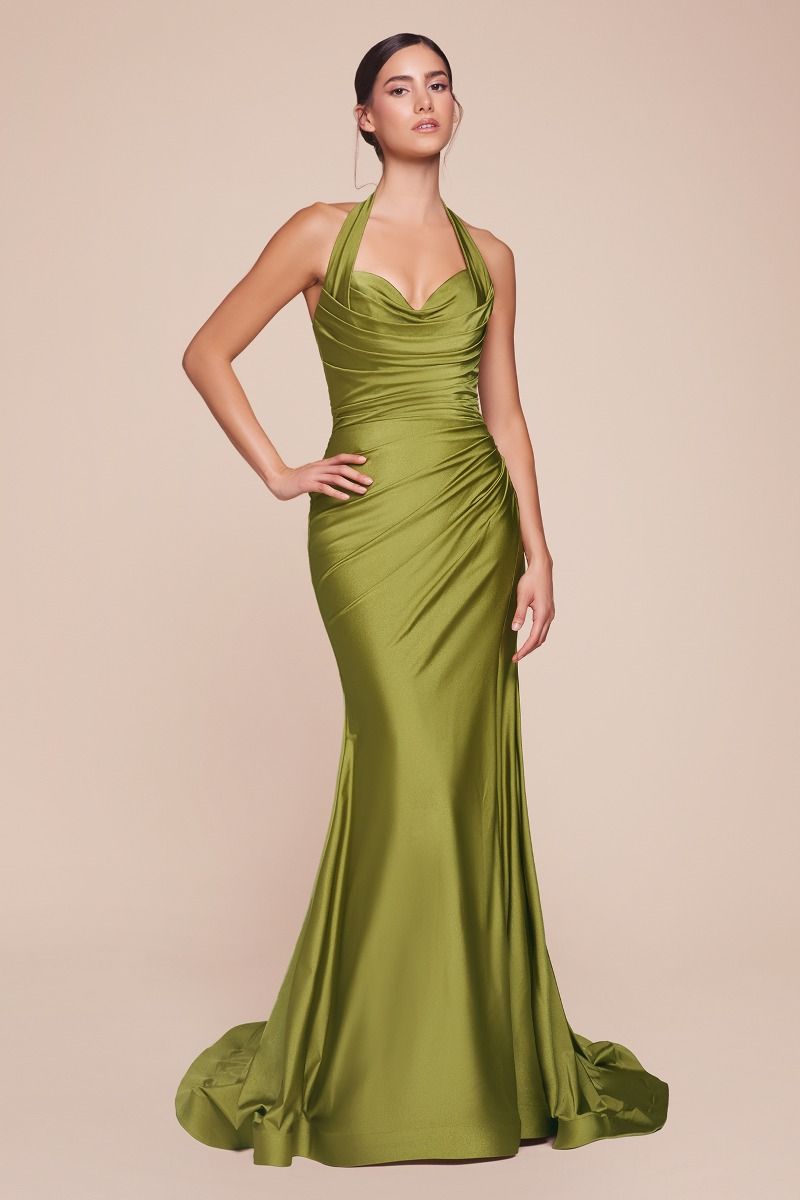 CD25-CD796 STETCH SATIN HALTER FITTED DRESS