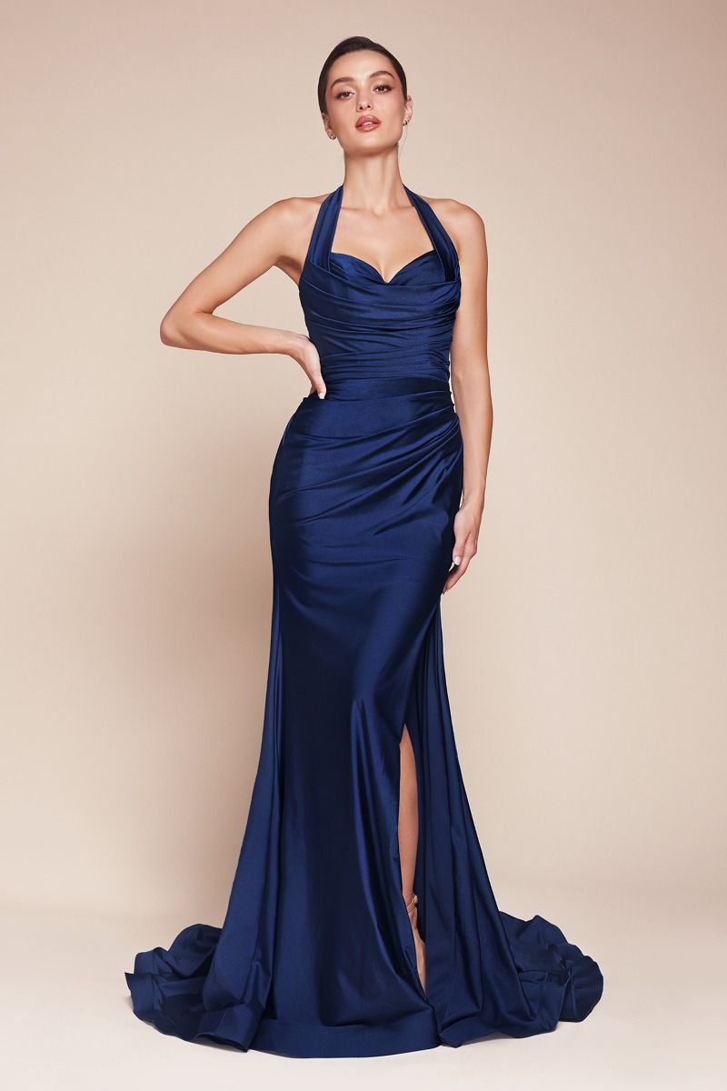 CD25-CD796 STETCH SATIN HALTER FITTED DRESS