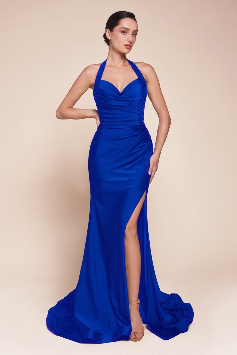 CD25-CD796 STETCH SATIN HALTER FITTED DRESS
