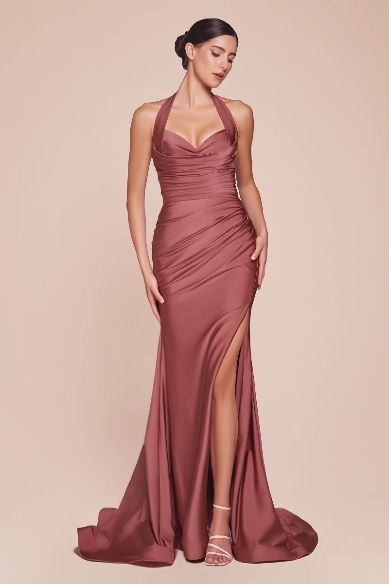 CD25-CD796 STETCH SATIN HALTER FITTED DRESS