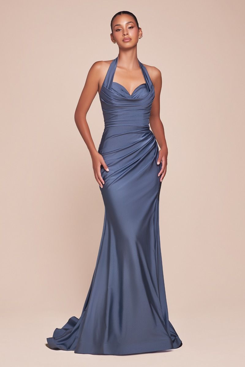 CD25-CD796 STETCH SATIN HALTER FITTED DRESS
