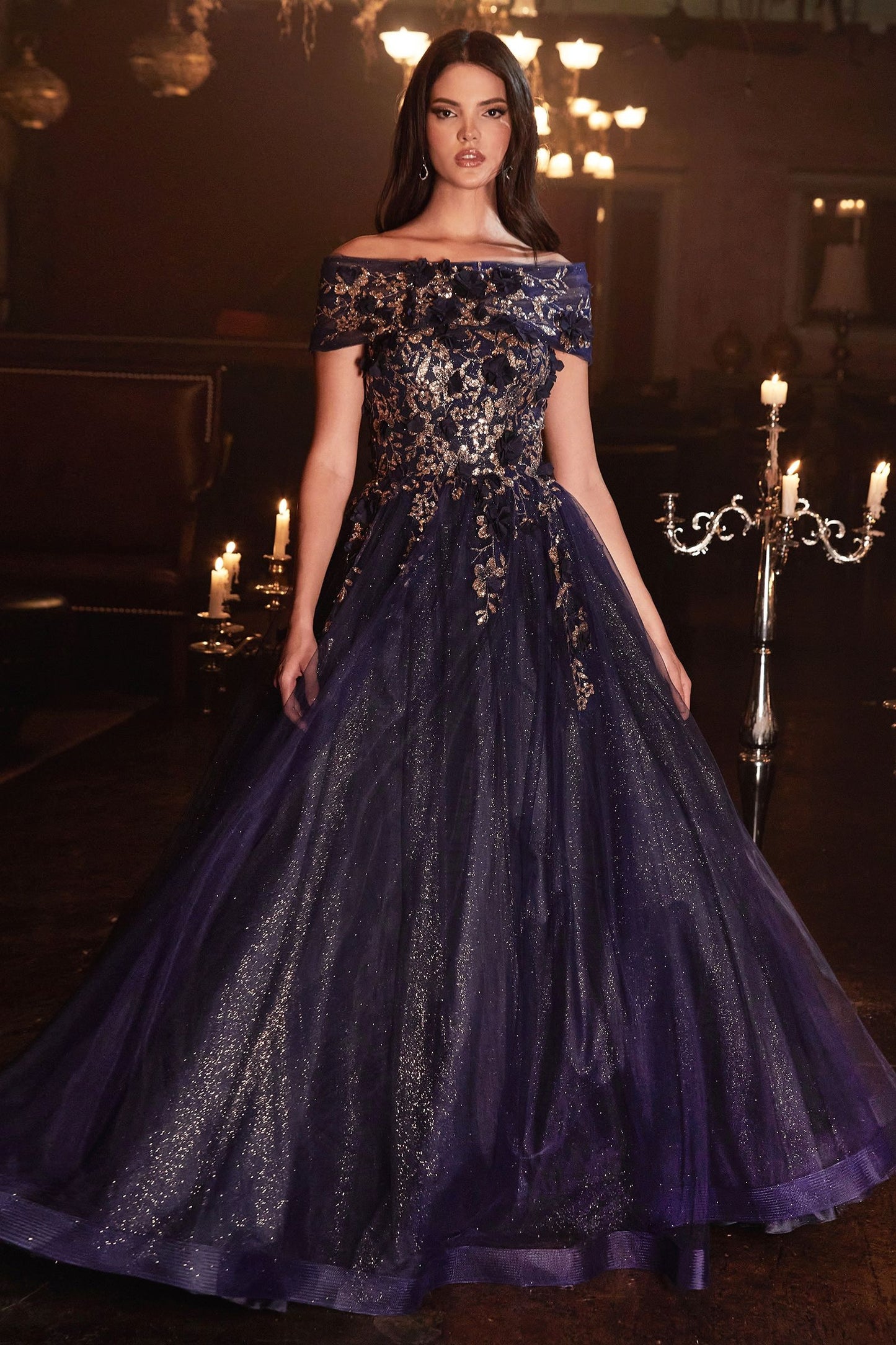 CD24-CD955 STRAPLESS GLITTER LAYERED TULLE BALL GOWN REMOVEABLE OFF SHOULDER