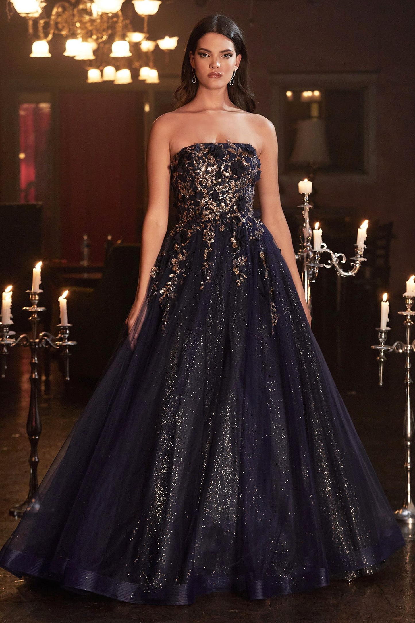 CD24-CD955 STRAPLESS GLITTER LAYERED TULLE BALL GOWN REMOVEABLE OFF SHOULDER