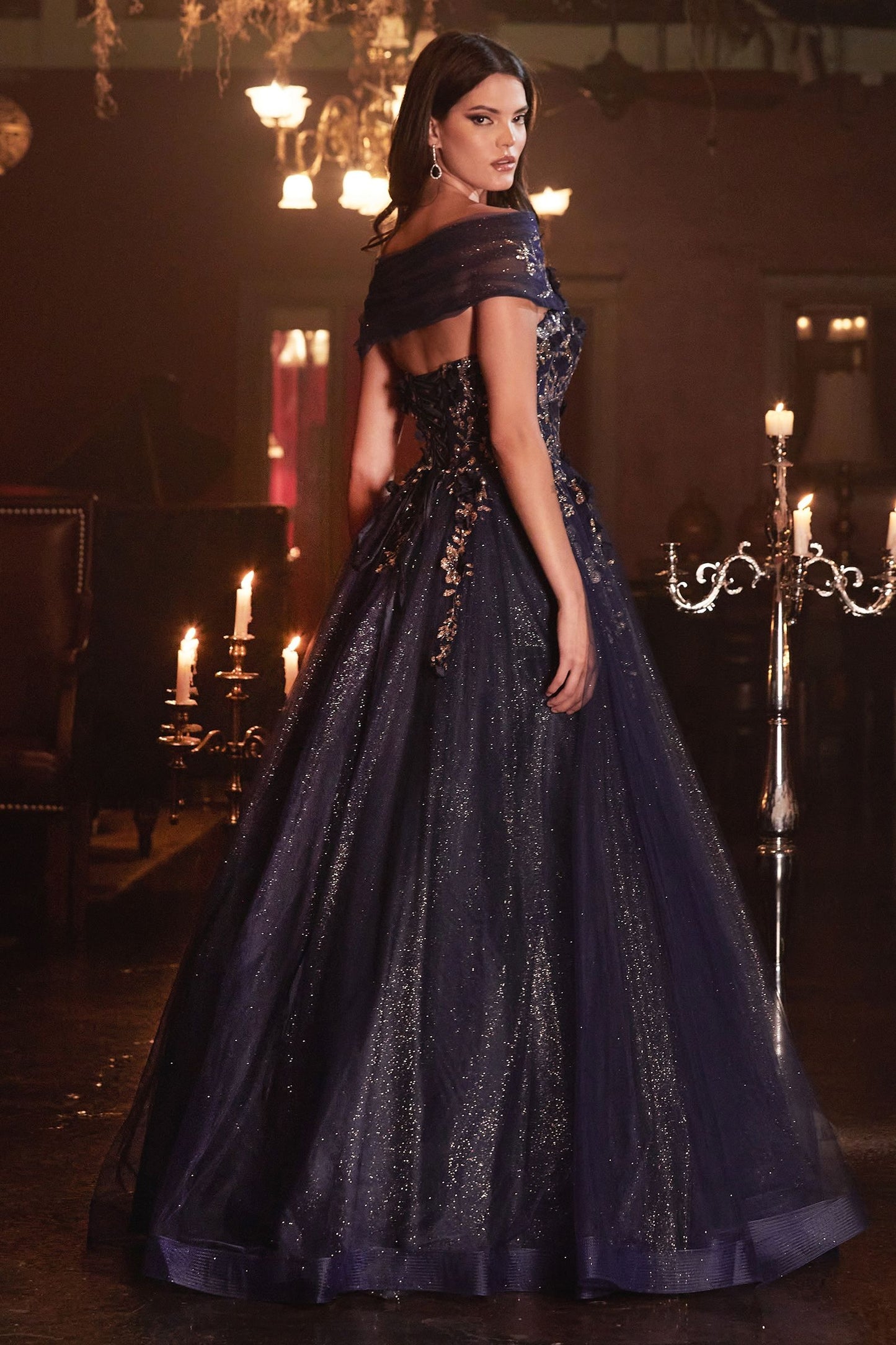 CD24-CD955 STRAPLESS GLITTER LAYERED TULLE BALL GOWN REMOVEABLE OFF SHOULDER