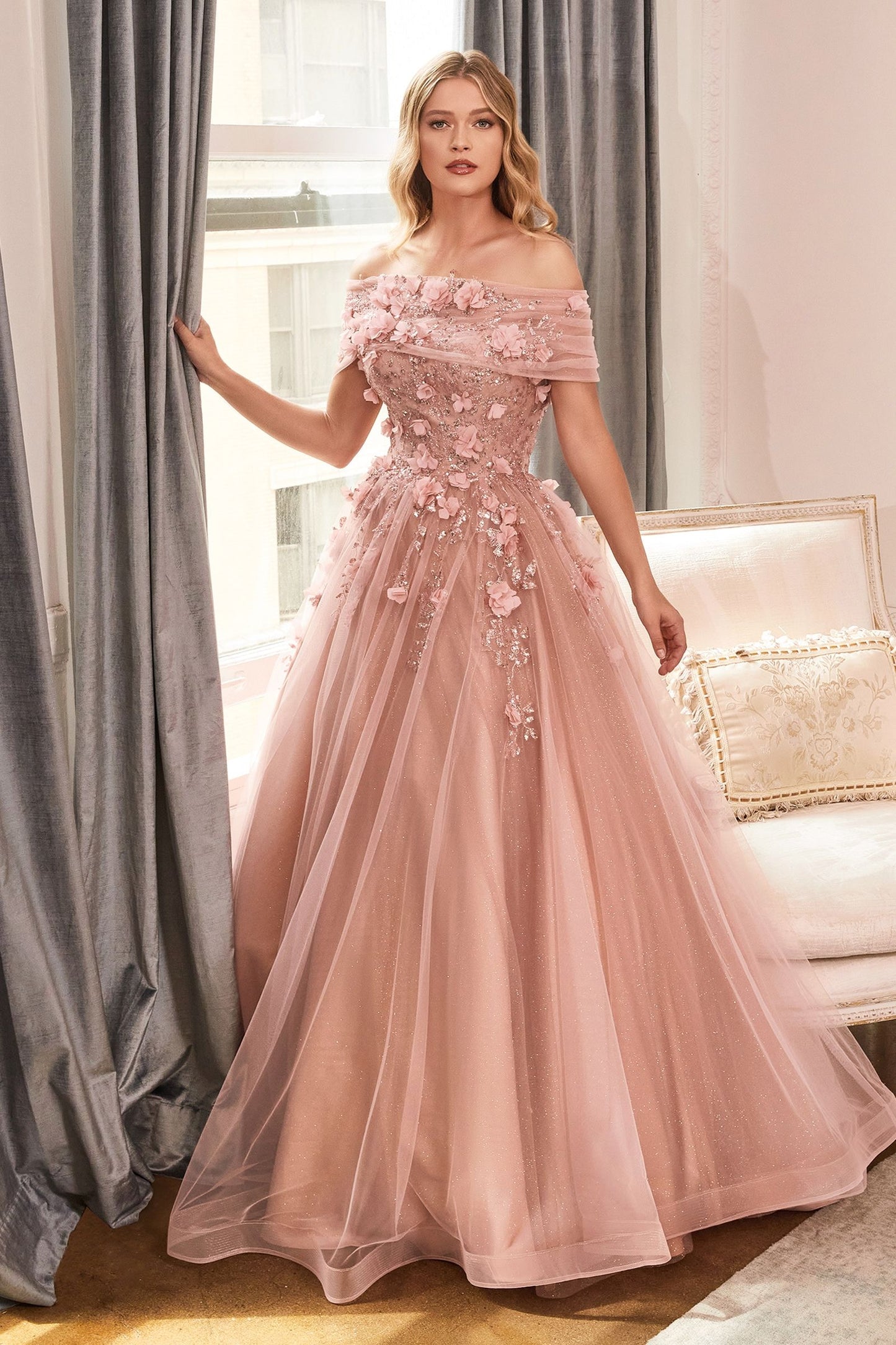 CD24-CD955 STRAPLESS GLITTER LAYERED TULLE BALL GOWN REMOVEABLE OFF SHOULDER