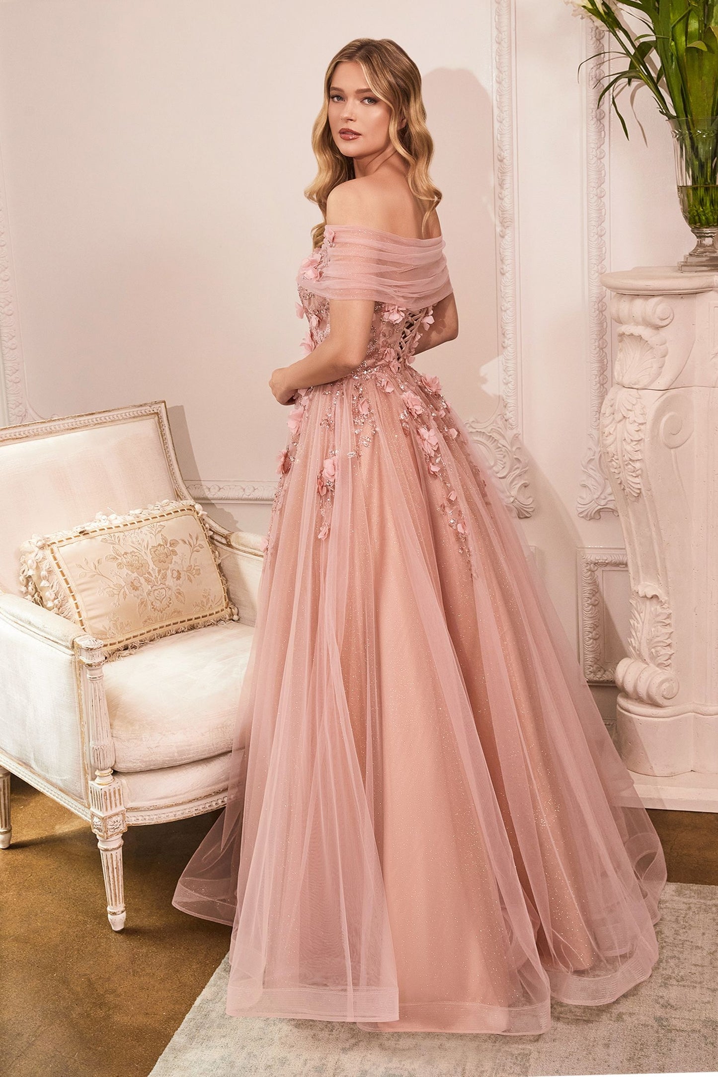 CD24-CD955 STRAPLESS GLITTER LAYERED TULLE BALL GOWN REMOVEABLE OFF SHOULDER
