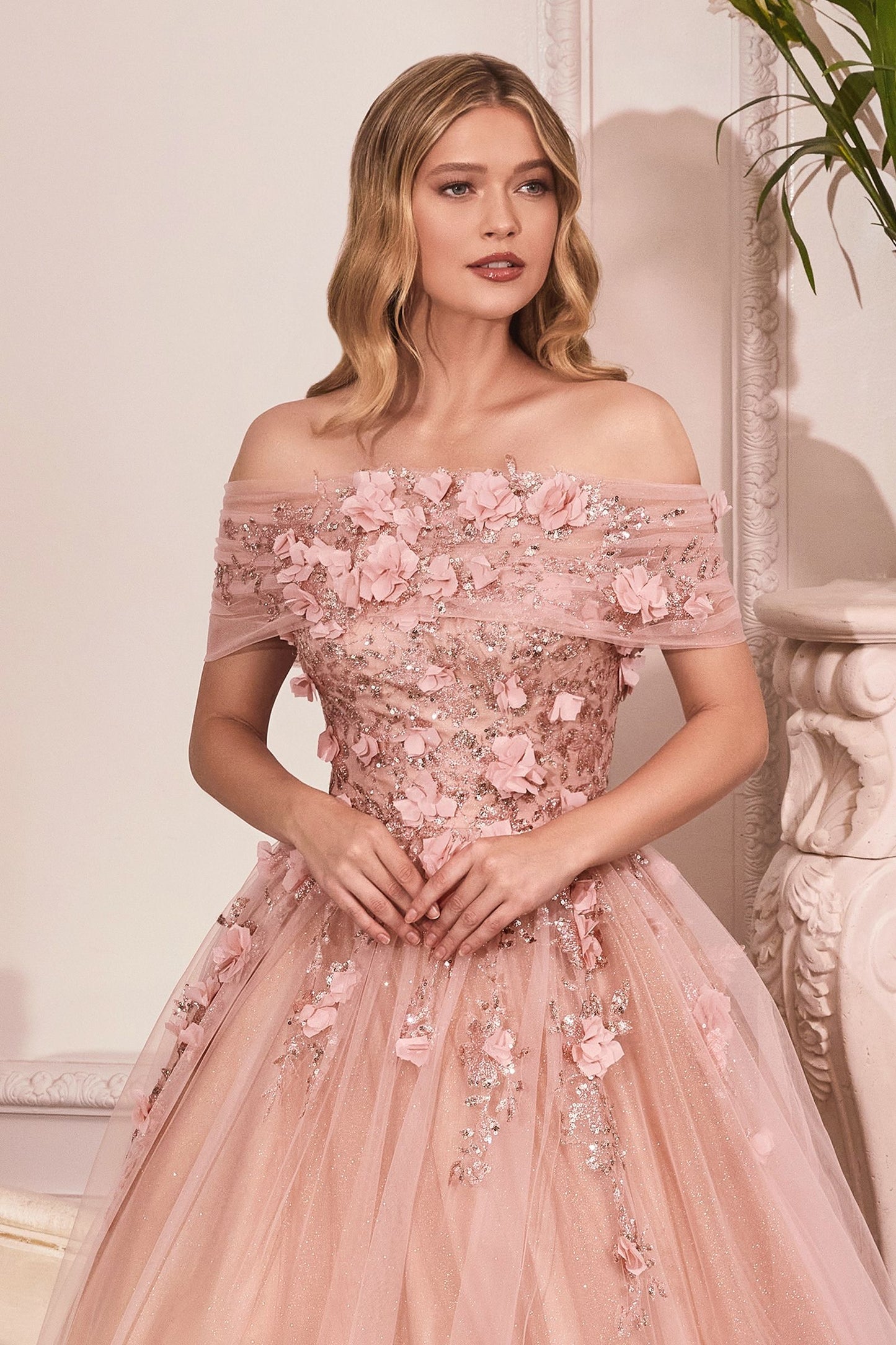 CD24-CD955 STRAPLESS GLITTER LAYERED TULLE BALL GOWN REMOVEABLE OFF SHOULDER