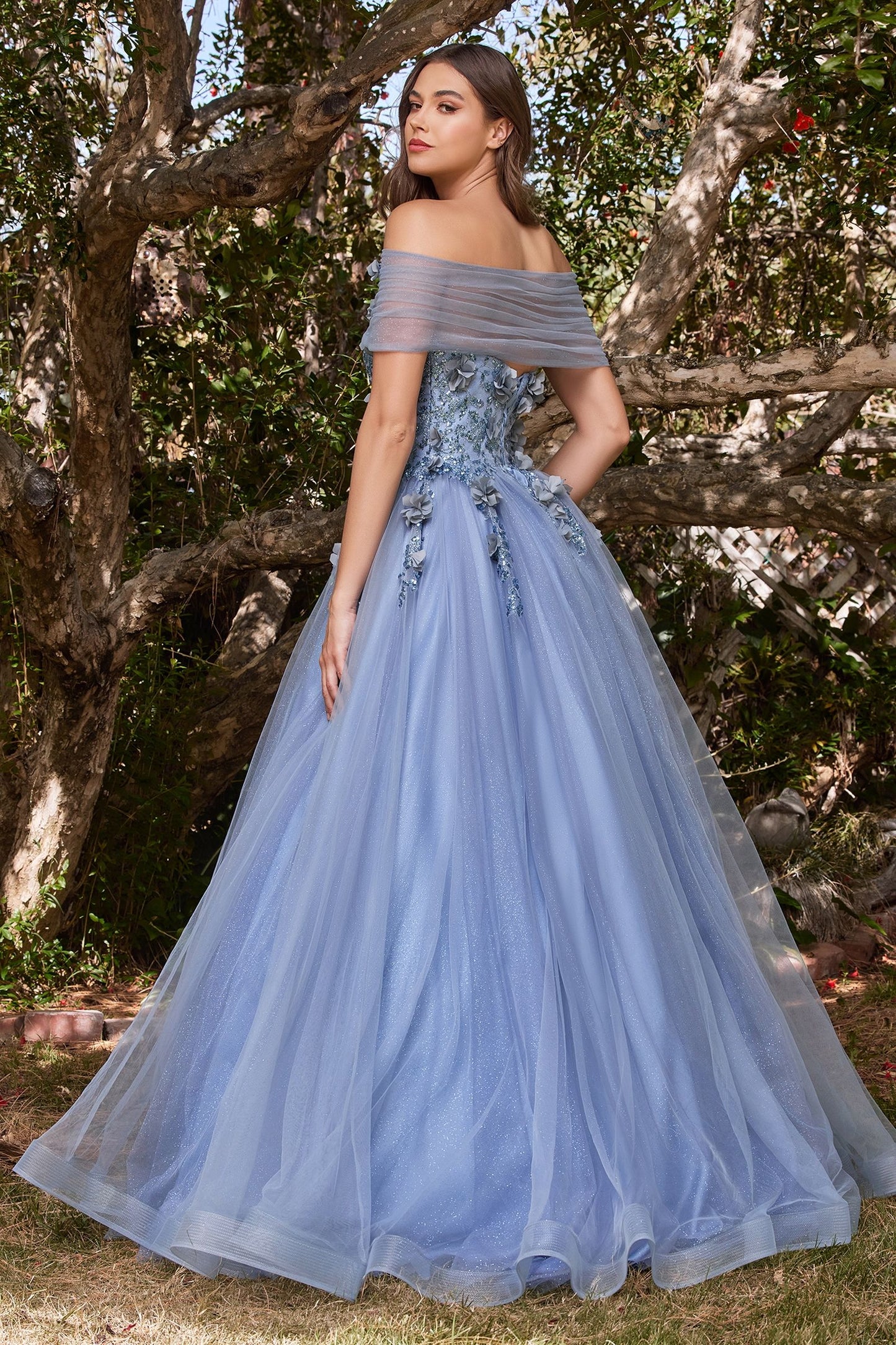 CD24-CD955 STRAPLESS GLITTER LAYERED TULLE BALL GOWN REMOVEABLE OFF SHOULDER