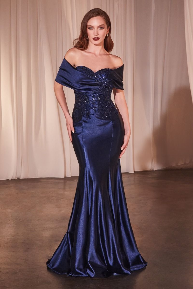 CD25-CDS507 OFF THE SHOULDER SATIN & LACE GOWN