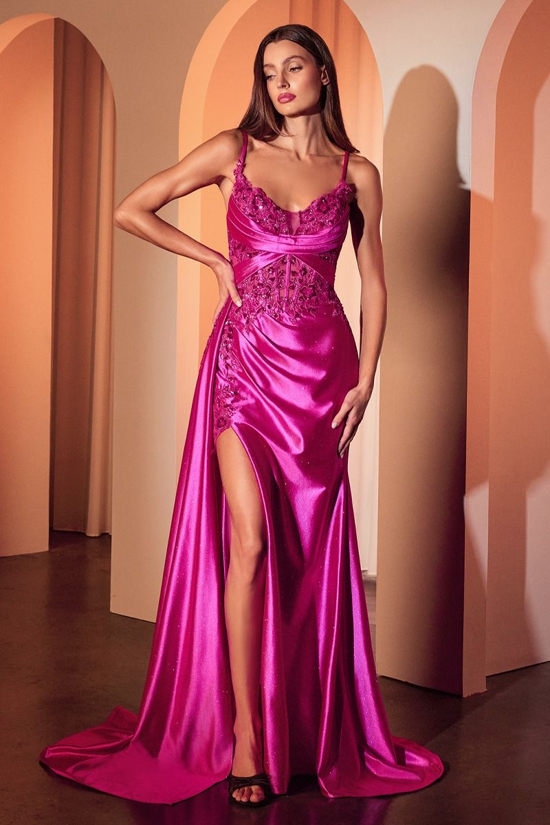CD25-CDS524 FITTED SATIN & LACE EVENING GOWN