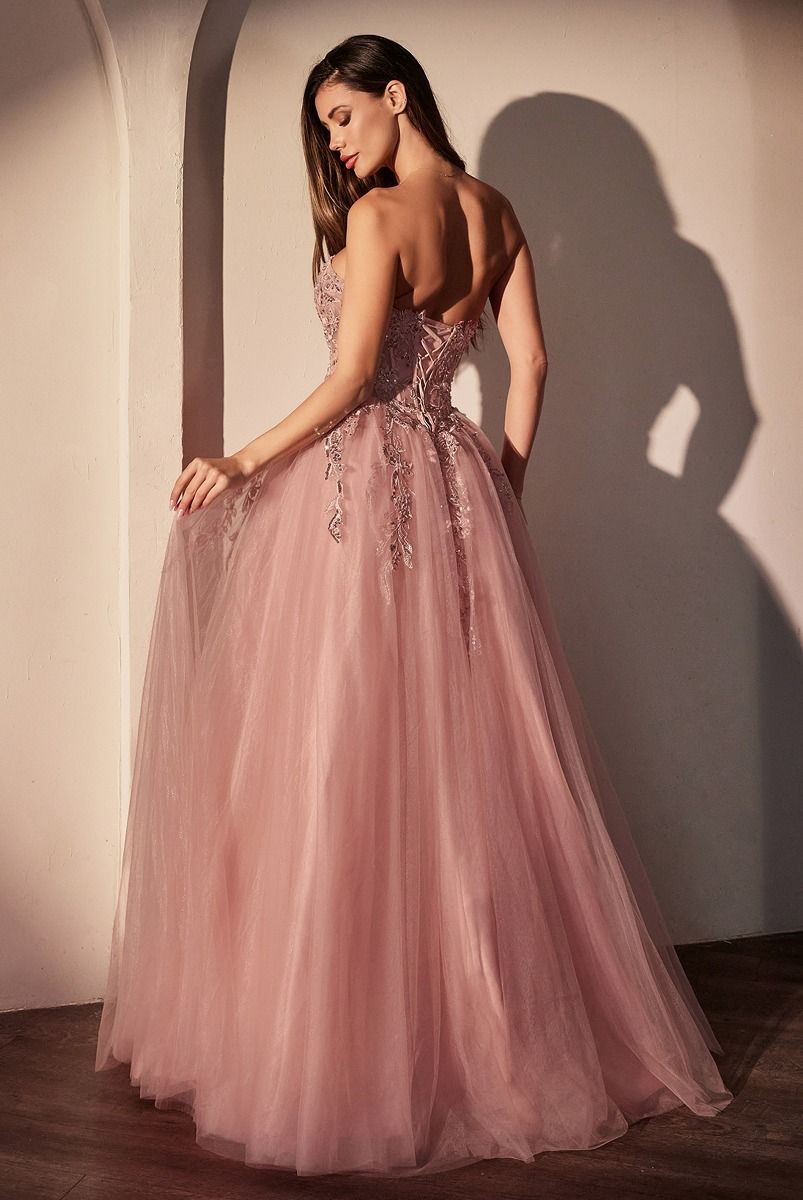 CD25-CDS536 STRAPLESS PINK BALL GOWN WITH FLORAL APPLIQUE