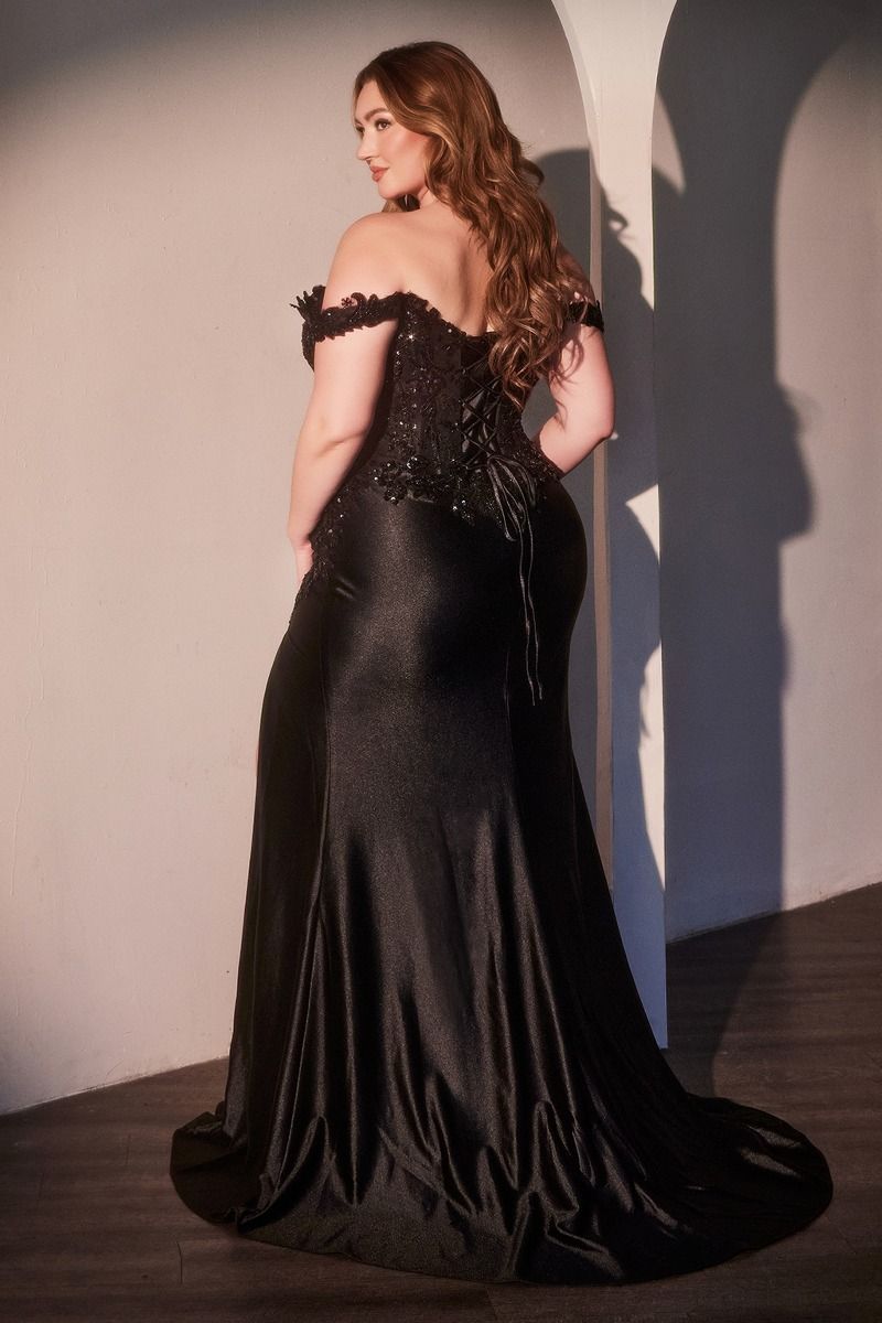 CD25-CDS537C OFF THE SHOULDER LACE & SATIN CURVE DRESS