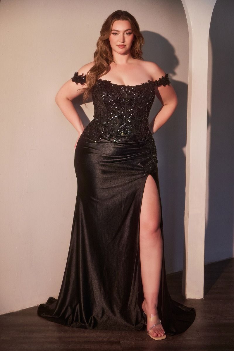 CD25-CDS537C OFF THE SHOULDER LACE & SATIN CURVE DRESS