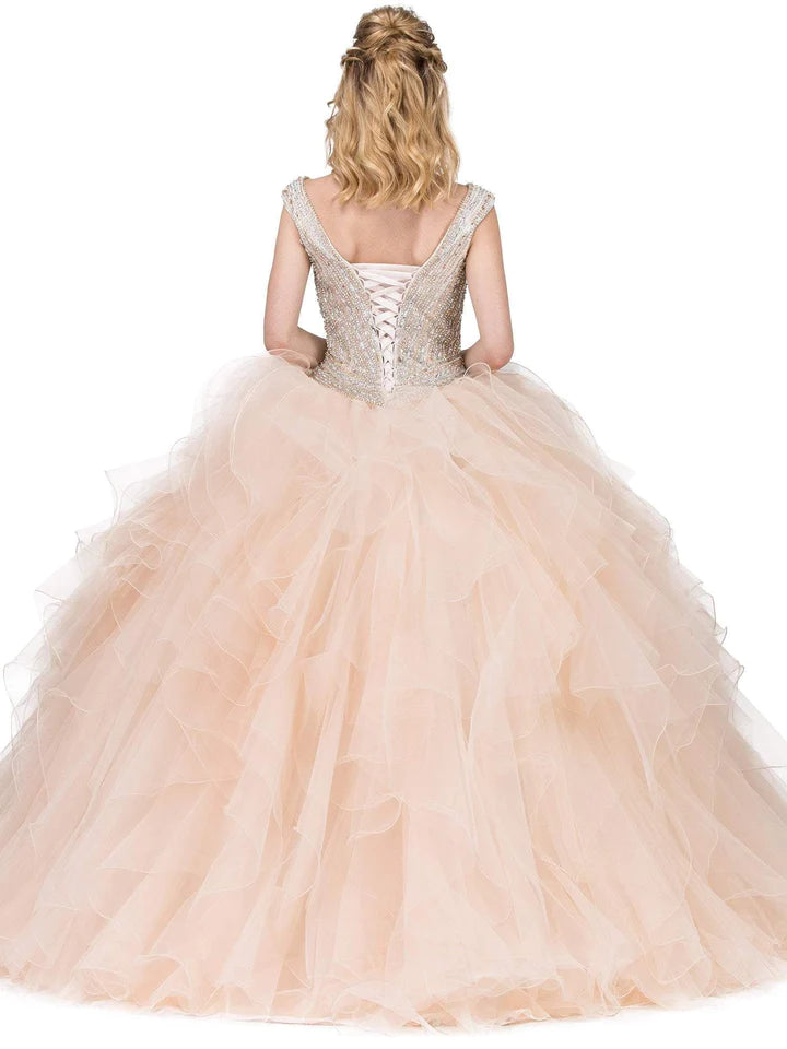 DQ24- 1273 Crystal Adorned Cap Sleeve Quinceanera Ballgown