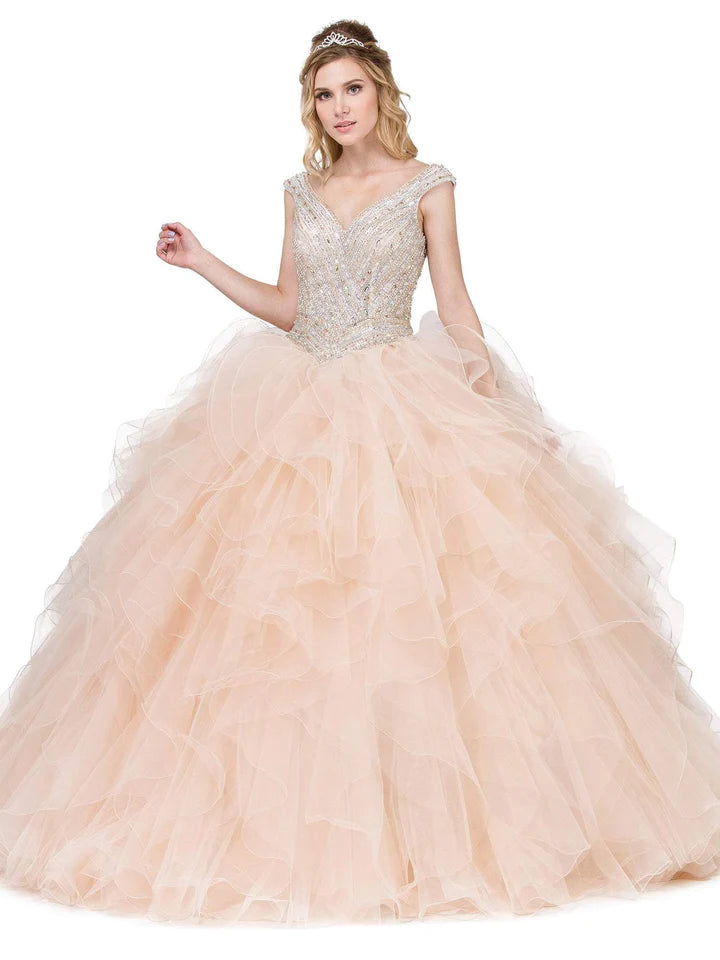 DQ24- 1273 Crystal Adorned Cap Sleeve Quinceanera Ballgown