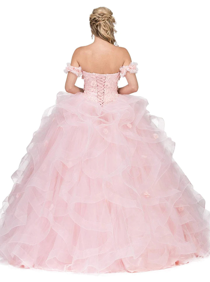 DQ24-1322 Floral Applique Ruffled Quinceanera Gown