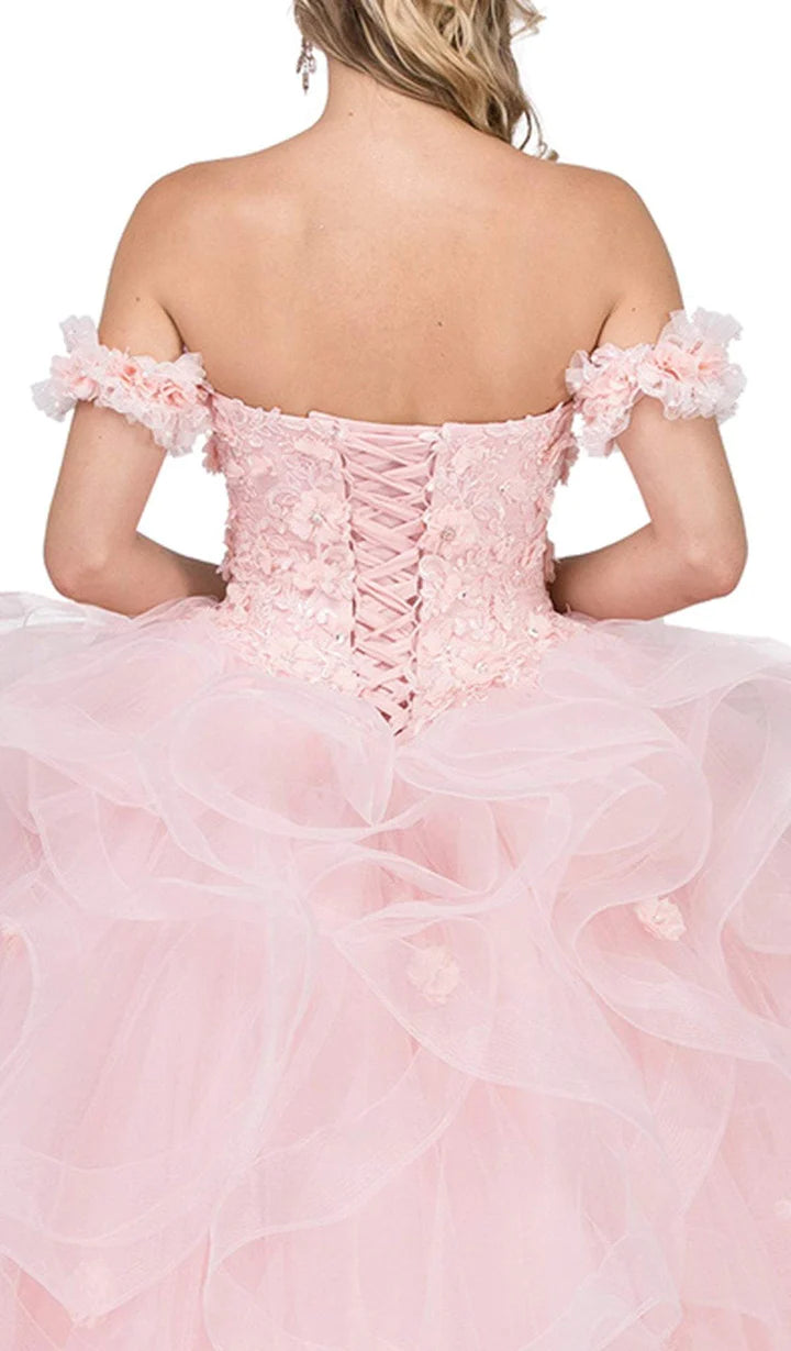 DQ24-1322 Floral Applique Ruffled Quinceanera Gown