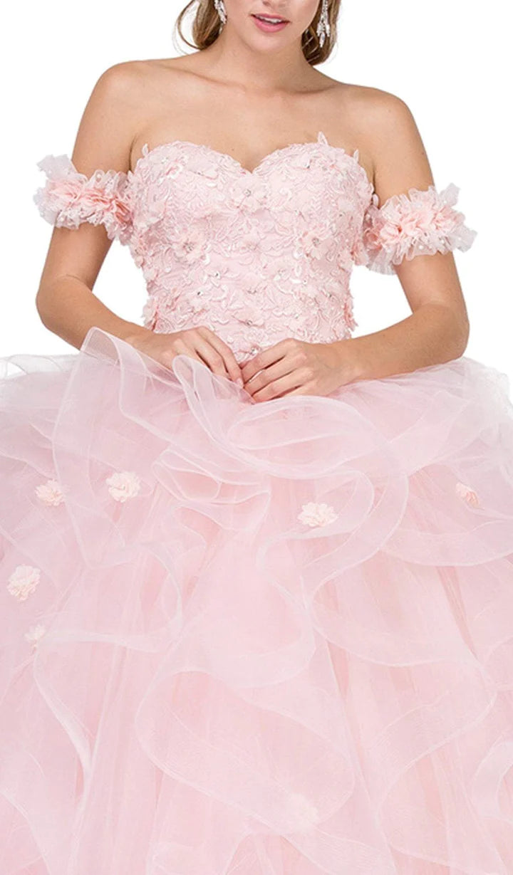 DQ24-1322 Floral Applique Ruffled Quinceanera Gown