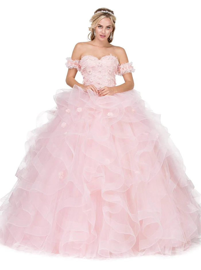 DQ24-1322 Floral Applique Ruffled Quinceanera Gown