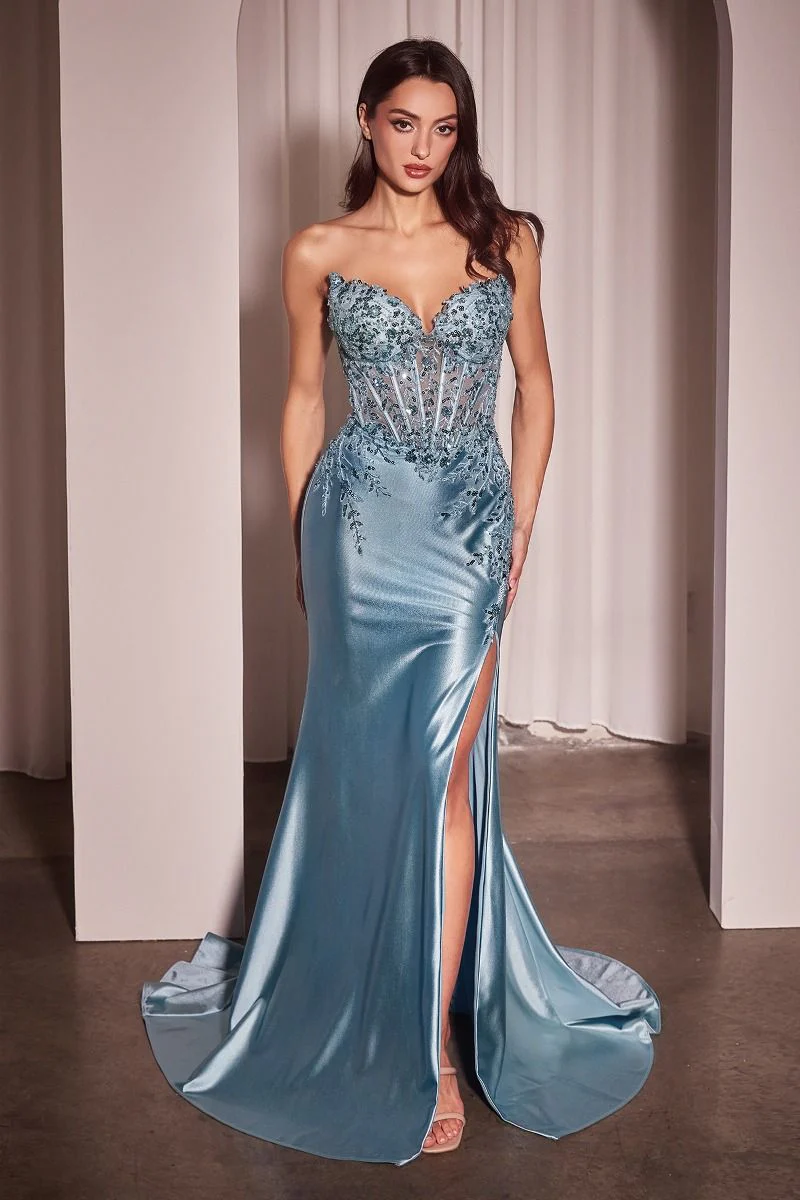 CD25-KV1112 SATIN & LACE STRAPLESS FITTED GOWN