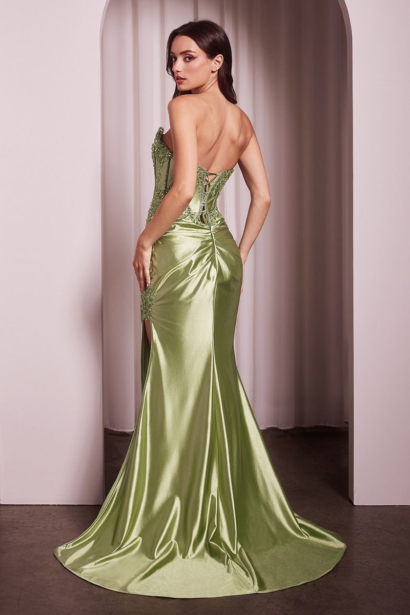 CD25-KV1116 FITTED STRAPLESS LACE & SATIN GOWN