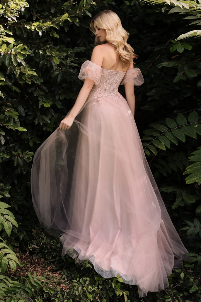 CIND-CB080 STRAPLESS 3DFLORAL BALL GOWN SHEER BODICE CORSET DETACHABLE PUFFYS SLEEVES