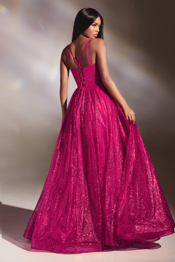CIND-CD996 LAYERED GLITTER BALL GOWN STRAPS LACE UP BACK