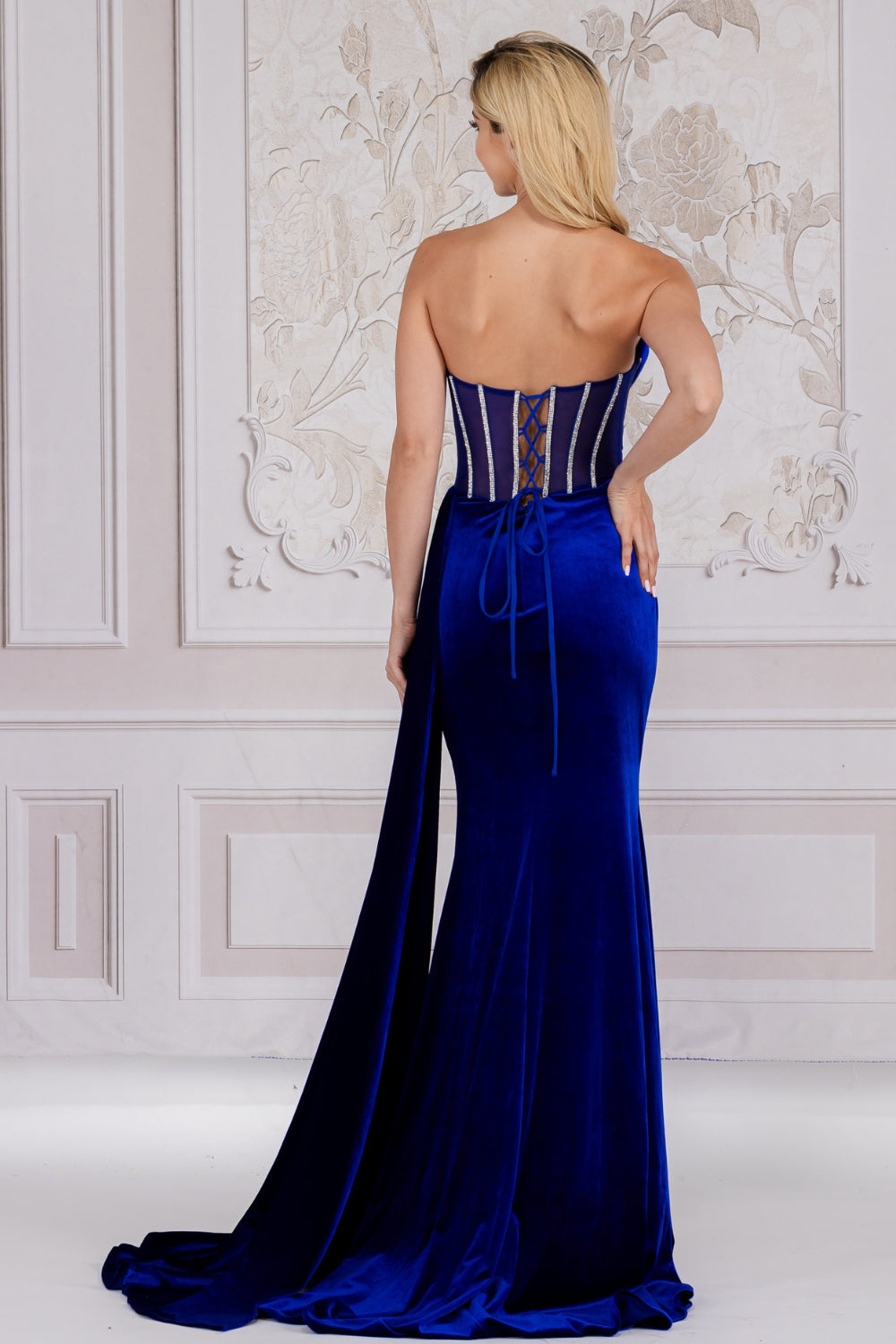 AC24-5051 BEADED EDGE BUST COWL NECKLINE STRAPLESS SHEER BONED BODICE VELVET SLIT GOWN