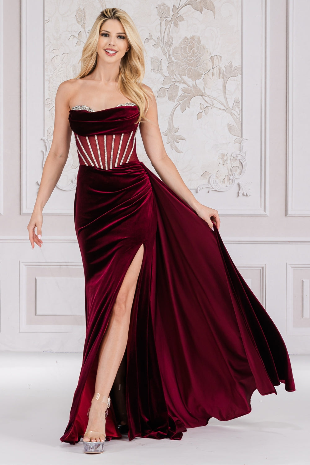 AC24-5051 BEADED EDGE BUST COWL NECKLINE STRAPLESS SHEER BONED BODICE VELVET SLIT GOWN