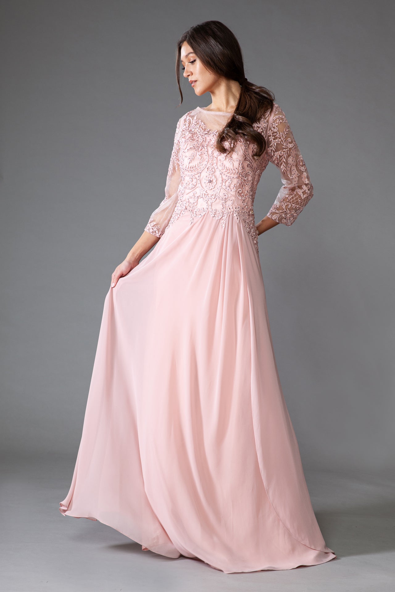 AC24-7043EMBROIDERY STONES 3/4 SLEEVES CHIFFON GOWN