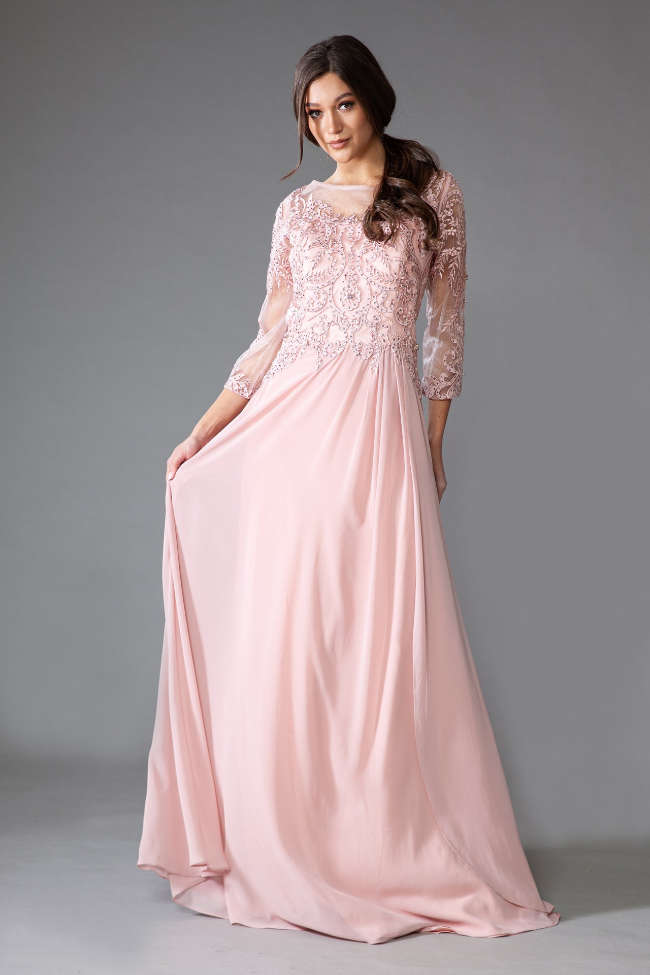 AC24-7043EMBROIDERY STONES 3/4 SLEEVES CHIFFON GOWN