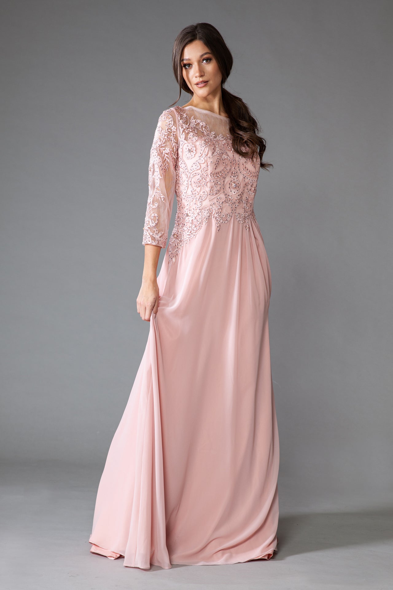 AC24-7043EMBROIDERY STONES 3/4 SLEEVES CHIFFON GOWN