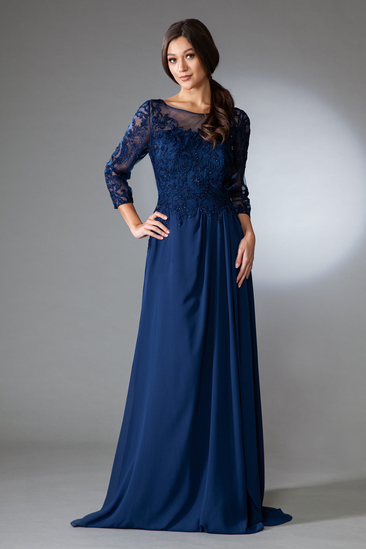 AC24-7043EMBROIDERY STONES 3/4 SLEEVES CHIFFON GOWN