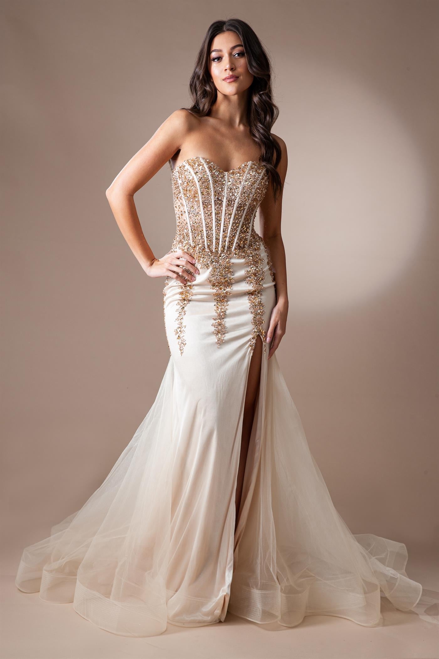 AC24-7051 BEADE STRAPLESS MERMAID GOWN