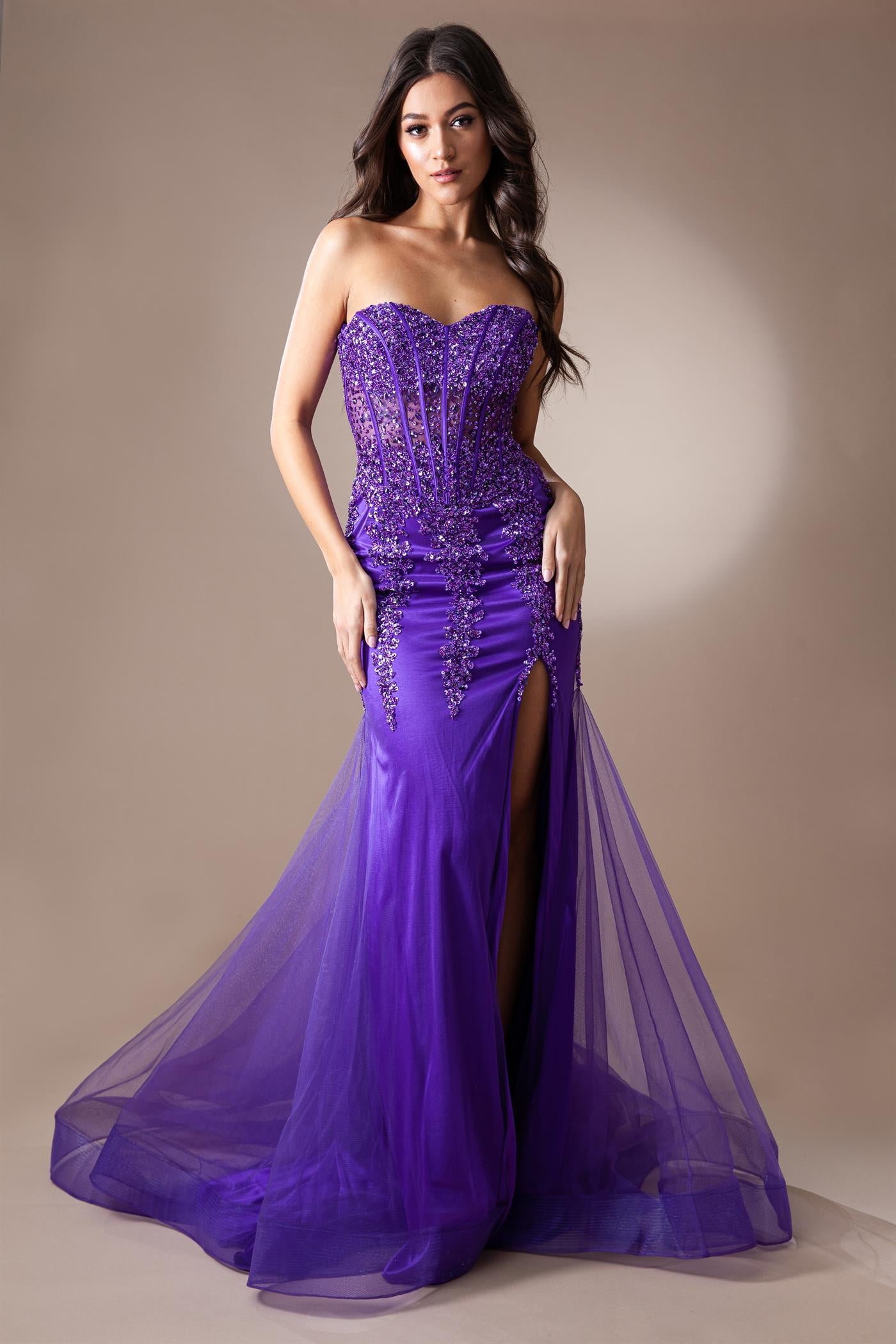 AC24-7051 BEADE STRAPLESS MERMAID GOWN