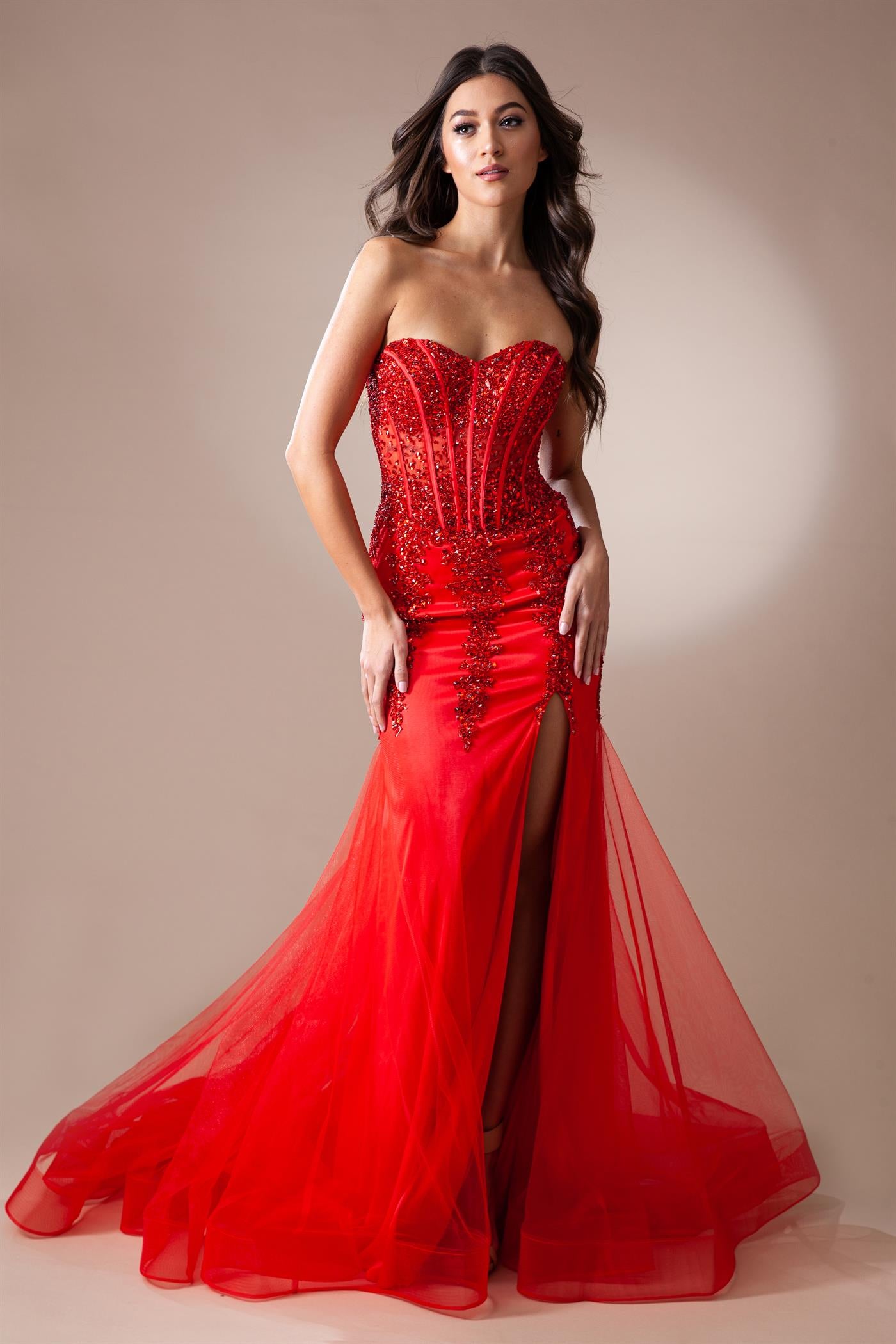 AC24-7051 BEADE STRAPLESS MERMAID GOWN